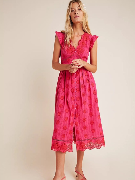 Anthropologie Dresses & Skirts - NWT Anthropologie Embroidered Eyelet Scallop Trim Midi Dress Pink Pockets M